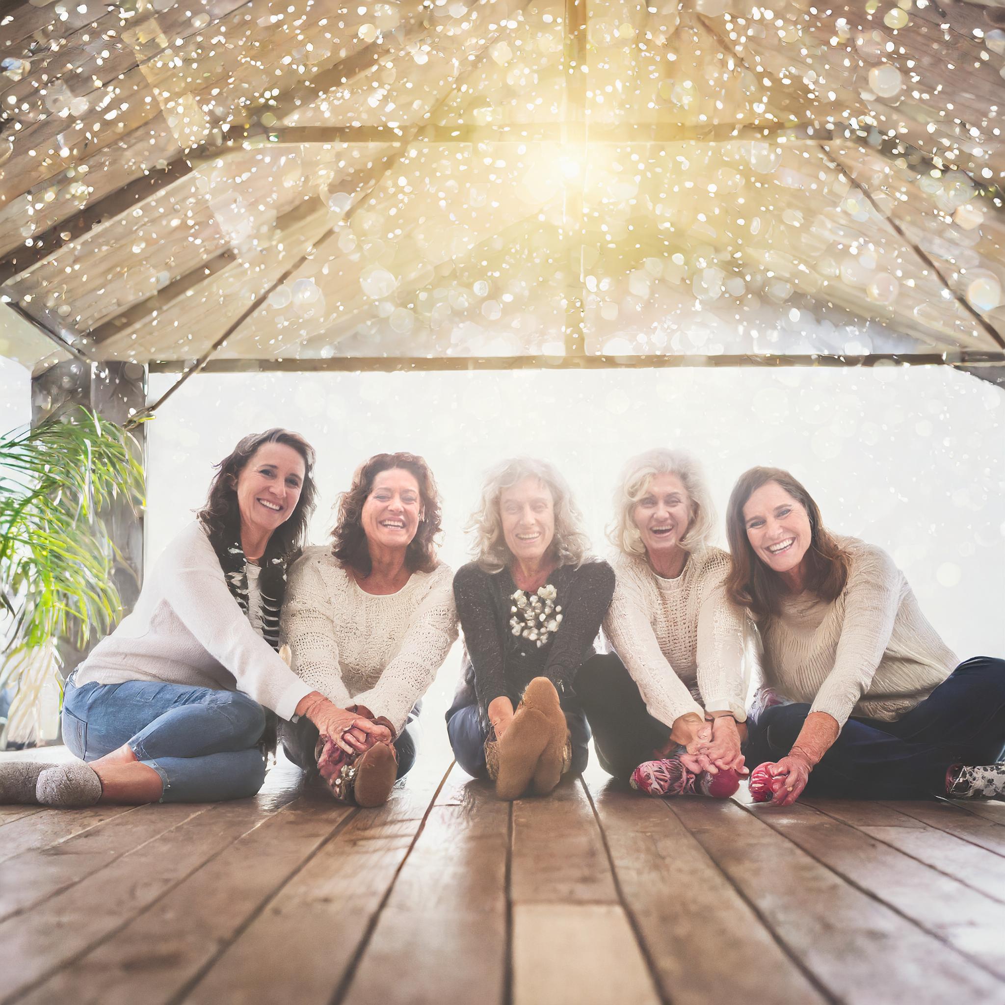 Firefly seven middle aged women; together and laughing; inside; touching; wooden floor 33919